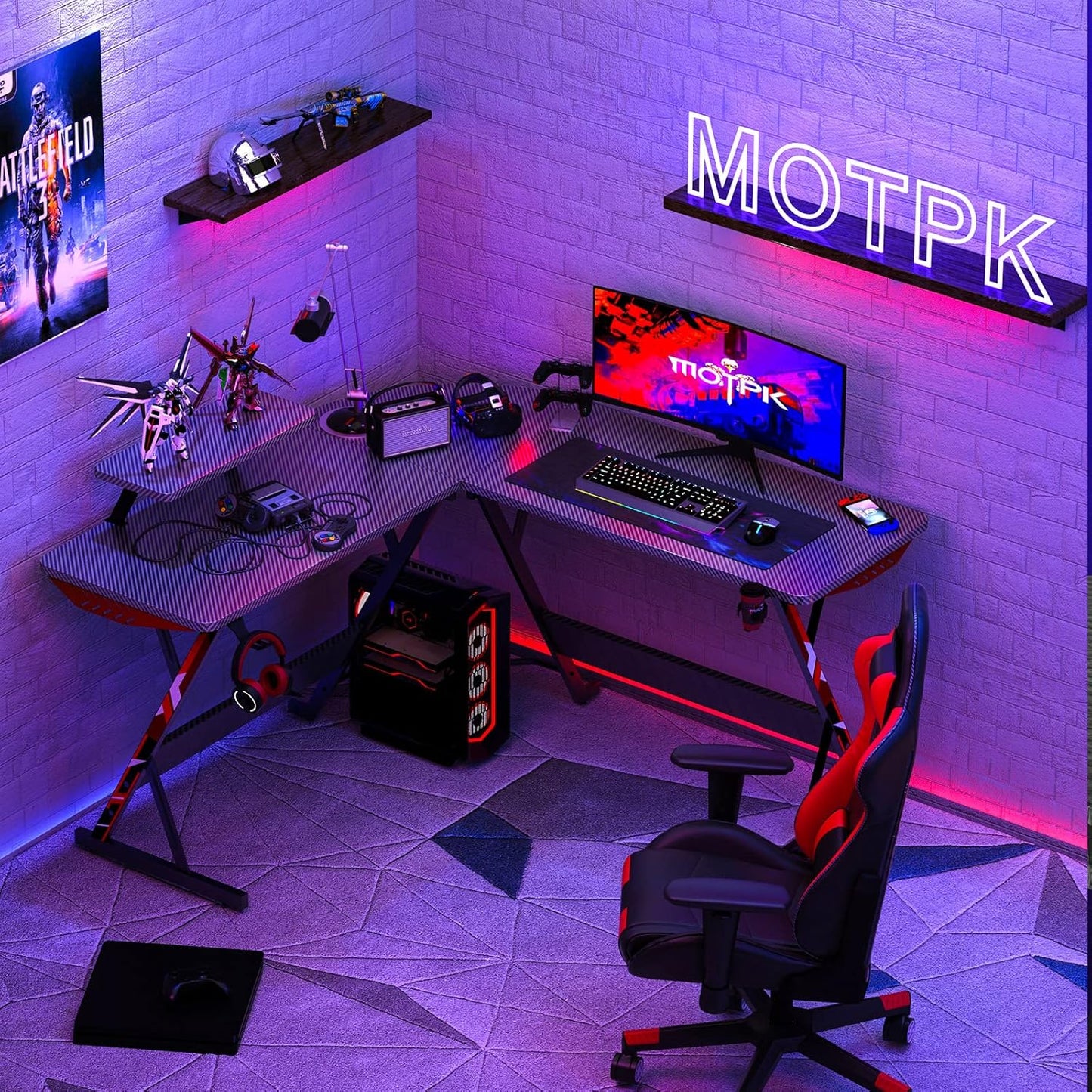 L Shaped Gaming Desk with Carbon Fiber Surface - AIZstore