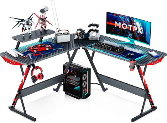 L Shaped Gaming Desk with Carbon Fiber Surface